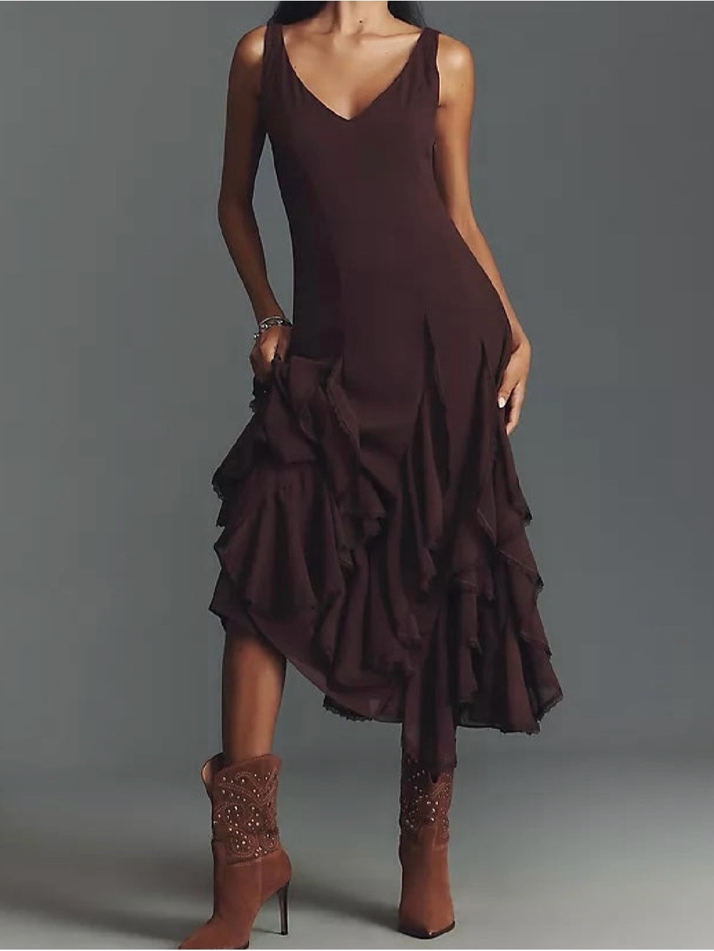 Anthropologie Philomene Ruffled Midi Dress Women’s XS Dark Plum